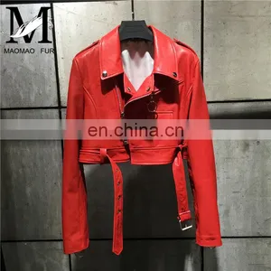 Women Spring Fashion Zipper Motorcycle Jacket Real Jackets Leather thumbnail-3