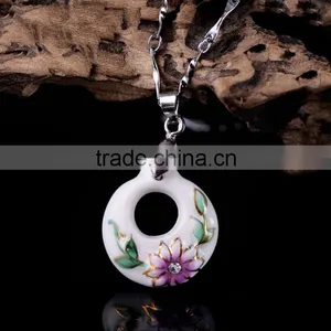 Czech Diamond Paved Enamel Famille Rose Porcelain Glazed Chrysanthemum Pendant Necklace thumbnail-1