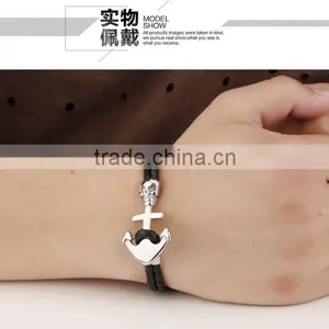 Cheap Stainless Steel Skull Boat Anchor Double Braided Leather Bracelet Punk Rock Style thumbnail-6