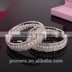 Fashion 2 Rows Stack Pearls Rhinestone Stretch Bracelets Bangles Jewelry thumbnail-3