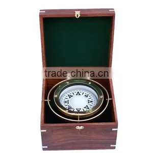 Beautiful Nautical Solid Brass Gimbal Compass With Rosewood Box 13441 thumbnail-2