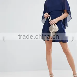 OEM Service Supply Type And Evening / Formal Dresses Type Elegant Evening Dress/ Navy Chiffon Dip Back Cape Mini Dress thumbnail-4