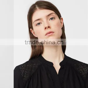 HOT SALE Nice Long Sleeve With Buttoned Cuff,women Openwork Trims Blouse thumbnail-5