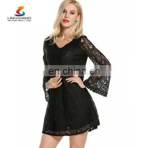 New Design Women's Elegant Lace Dress Summer Sexy V Collar Crochet Dress thumbnail-1