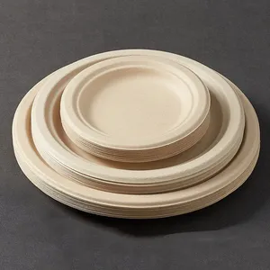6-12 Inch Bagasse Pulp Molded Round Plate, Disposable Compostable Tableware, Waterproof, Oil-Proof, Microwave Safe, Freezer Safe thumbnail-2