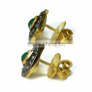 Finesque !! Pear Shape Emerald & Diamond Gold Polish 925 Sterling Silver Earring, Dangler SIlver Earring, Silver Jewellery thumbnail-4