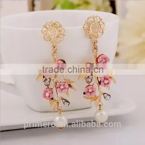 Cheap Flower Branch Rhinestone Pearl Drop Dangle Earrings Chinese Jewelry thumbnail-2