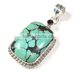 Genuine Tibetan Turquoise Gems Pendant 925 Sterling Silver thumbnail-1