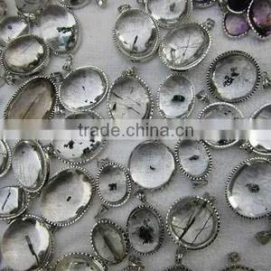 New Unique Black Rutile & Crystal Gemstone Silver Pendant, 925 Sterling Silver Jewelry thumbnail-1