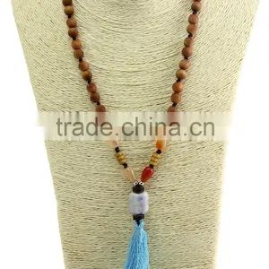 Unisex Women Wooden Beaded Necklace Gemstone Pendant Necklace With Tassel thumbnail-2