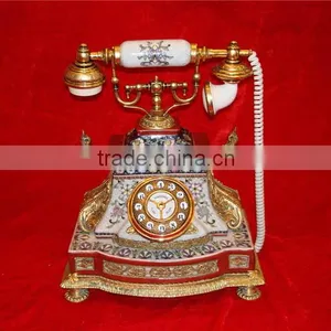 Antique Curio Ceramic Telephone Table Clock, Gold Plated Brass Footed Desk Clock, Collectable Home Decorative Table Clock thumbnail-4