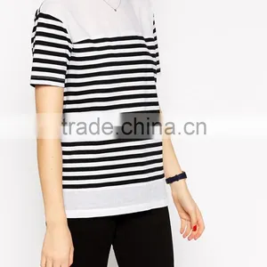 Latest Arrival Slash Neckline Top in Stripe With Woven Panels thumbnail-3