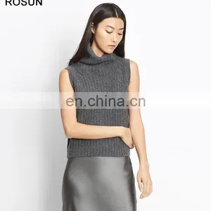 Women Grey Chunky Rib Cashmere Sleeveless Turtleneck Sweater thumbnail-1