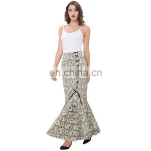 Belle Poque Women Vintage Retro Victorian Style Ruffled Jacquard Fishtail Mermaid Light Green Long Maxi Skirt BP000204-3 thumbnail-5