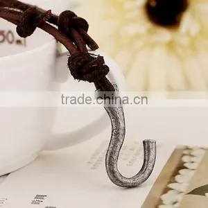 Vintage Real Cow Leather Fish Hook Pendant Bown Genuine Cowhide Necklace for Men thumbnail-4