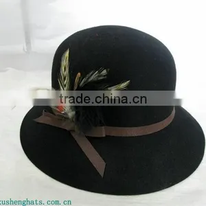 Wool Felt Hats Ladies Winter Hat Black Feather BucketHat thumbnail-1