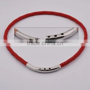 Fashion Stainless Steel Magnetic Brown Leather Necklace thumbnail-4