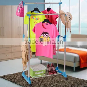 Stainless Steel Adjustable Telescoping Vertical and Horizontal Bars Double Rails Rolling Clothing Rack and Garment Rack thumbnail-3