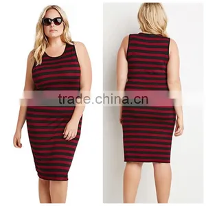 Women Plus Size Spoon Neck Sleeveless Tight Cotton Knit Stripe Tank Dress thumbnail-1