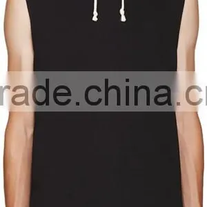 Sleeveless French Terry Vest Hoodie Beige Drawstring Hood Custom Embroidered Logo Zipper at Sides Shirt-tail Hem thumbnail-4