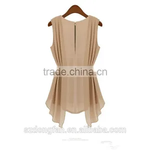 Wholesale Hot Selling Fashion Women Summer Top High Quality Ladies Top Beige O-Neck Sleeveless Career OL Chiffon Elegant Blouse thumbnail-2