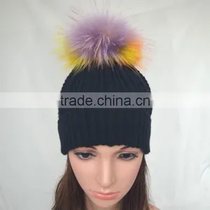 Myfur Rainbow Color Real Fur Pompom Woolen Knit Beanie Hat Wholesale thumbnail-2