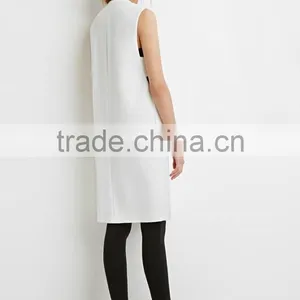 Collarless V-neck Longline Women Vest Woven Vests With Pockets thumbnail-4