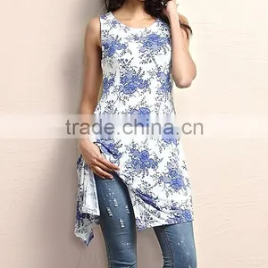 Hot Selling Women Tops With Blue And White Floral Sidetail Sleeveless Tunic Women Flower Blouse Women Wear GD90426-44 thumbnail-1