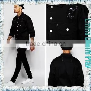 Hot Design Men Fashion Broken Holes Washed Long Sleeves Black Denim Jackets thumbnail-1