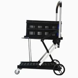 Multi-Purpose Four Wheels Double Layers Storage Sturdy Plastic Trolley With Folding Boxes Shopping Cart thumbnail-4