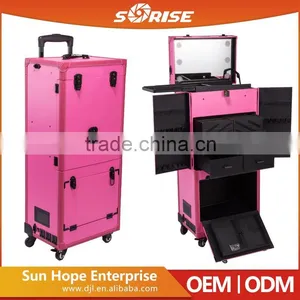 Guangzhou Wholesale Pink Pvc Rolling Cosmetic Train Case thumbnail-2