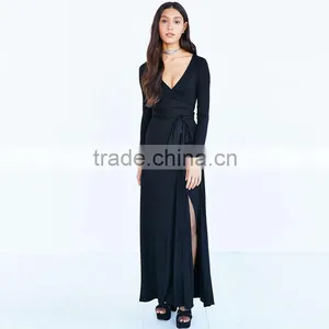 Plain Black Long Sleeve Tunic Skirt Deep v Sexy Slim Fit Elegant Long Evening Dress thumbnail-2