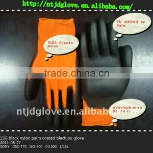 Soft /13G 100% Orange Nylon Palm Coated Black pu Glove/ pu Glove thumbnail-1