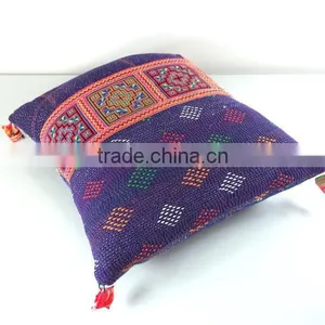 Pair of Purple Kantha Quilt Cushion Covers With Hmong Detail, Kantha Cushions, Kantha Pillow Case, Ooak thumbnail-5