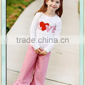 2016 Baby Girls Love Applique for Valentines White Shirt Red Heart Print Pink Ruffle Pants Kids Clothes Fall Girls Clothing thumbnail-1