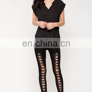 Wholesale Blank Split Neck Short Sleeve Black t Shirts for Women thumbnail-6
