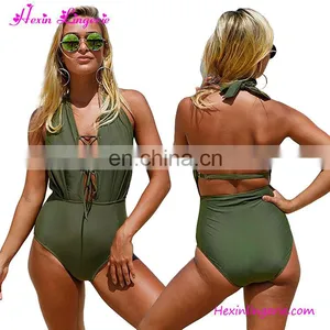 Wholesale Women Bikini One Piece Green Tie Backless Full Body Swimwear thumbnail-1