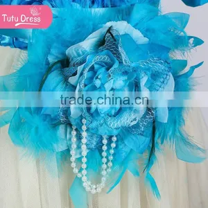 Blue Feather Dresses for Baby Girls 2015 New Design Lace and Feather Kids Dresses thumbnail-5
