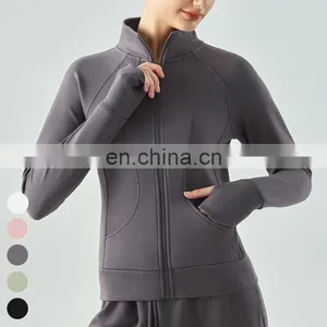Custom Running Workout Sports Tops Wear Gym Fitness Stand Collar Long Sleeve Thumb Hole Zipper Jackets Yoga Jacket For Women thumbnail-3