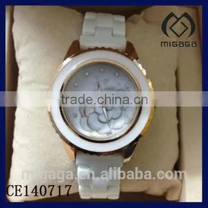 Fashion White Ceramic Strap Camellia Dial Quartz Watches for Women*women's Ceramics Camellia Watches thumbnail-1