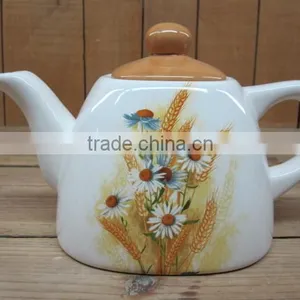 Modern White Ceramic Teapot With Wheat and Daisy Decal thumbnail-1