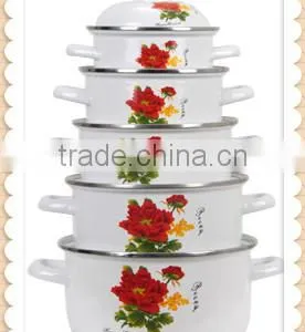 Delicate White Enamel Cookware Set Two Side Flower Decal Enamel Pot 5 Pcs Stock Belly Pot With Lid thumbnail-1