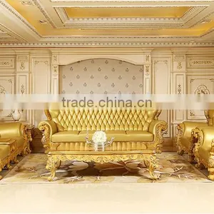 European Style Golden Color Wooden Hand Carved Living Room Leather Sofa Furniture Set(MOQ=1 SET) thumbnail-1
