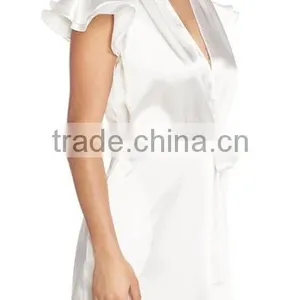 Latex Design Wholesale Satin Robe Shirred Shoulders Double Layer Sweet Style Fashion Ladies Night Sexy Party Dress Wrap Robe thumbnail-4