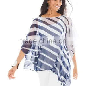 Fashion Stripe Sheer Chiffon Poncho Tops thumbnail-1