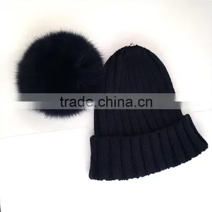 Myfur Navy Color Adult Wholesale Knit Hat With Dyed Fox Fur Ball thumbnail-3