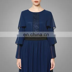 New Arrival Navy Blue Ruffled Sleeves Muslim Women Clothing Chiffon Maxi Dress thumbnail-5