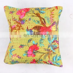 Indian Cotton Handmade Yellow Paisley Decorative Kantha Quilted Cotton Throw Pillow Cover Hand Stitched Kantha Cushion Cover thumbnail-1