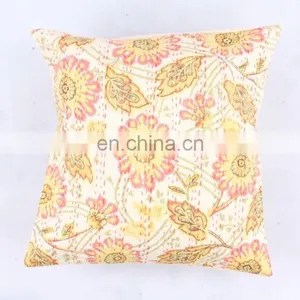 Hand Stitched Handmade Indian Cream Flowlers Floral Design Cushion Cover Decorative Pillow Cover Handmade Kantha Cushion Cover thumbnail-1