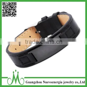 High Fashion Black Stainless Steel Wristband PU Genuine Leather Wide Mens Jewelry thumbnail-4